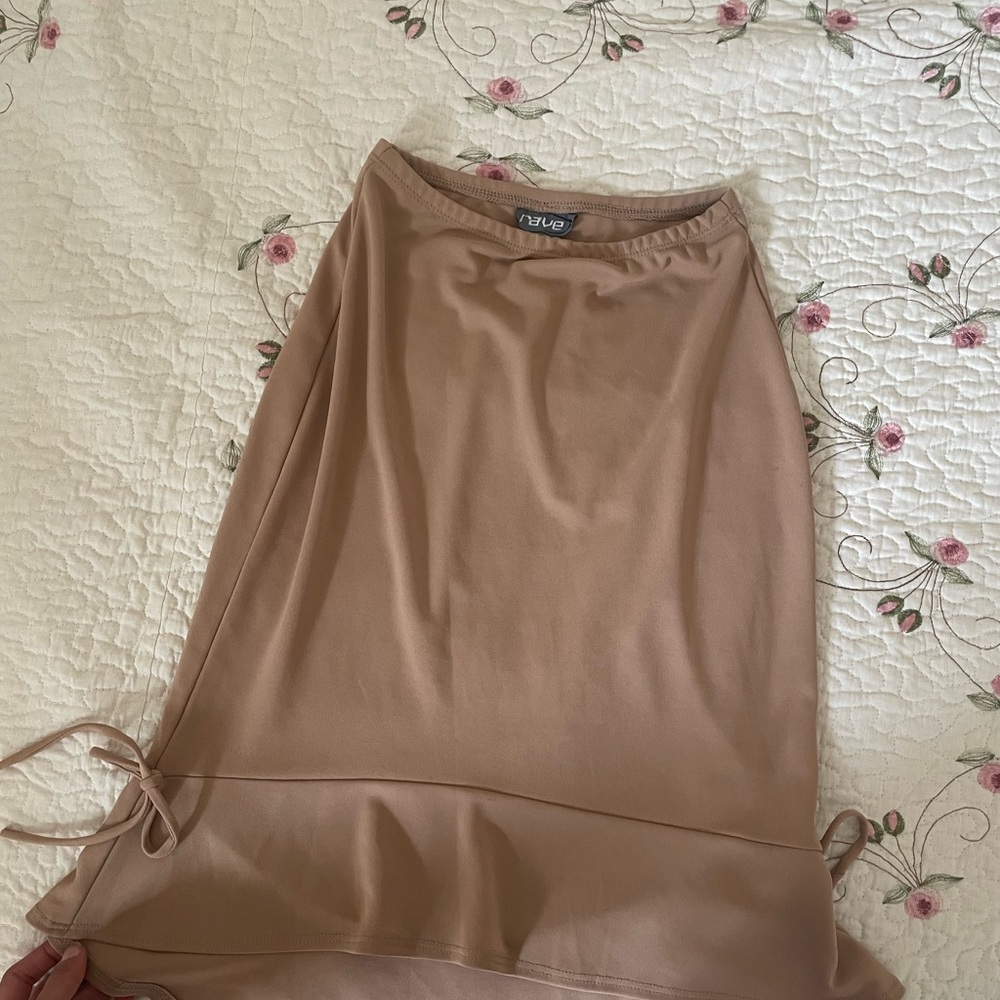Rave Tan Midi Slip Skirt Asymmetrical Tie Front